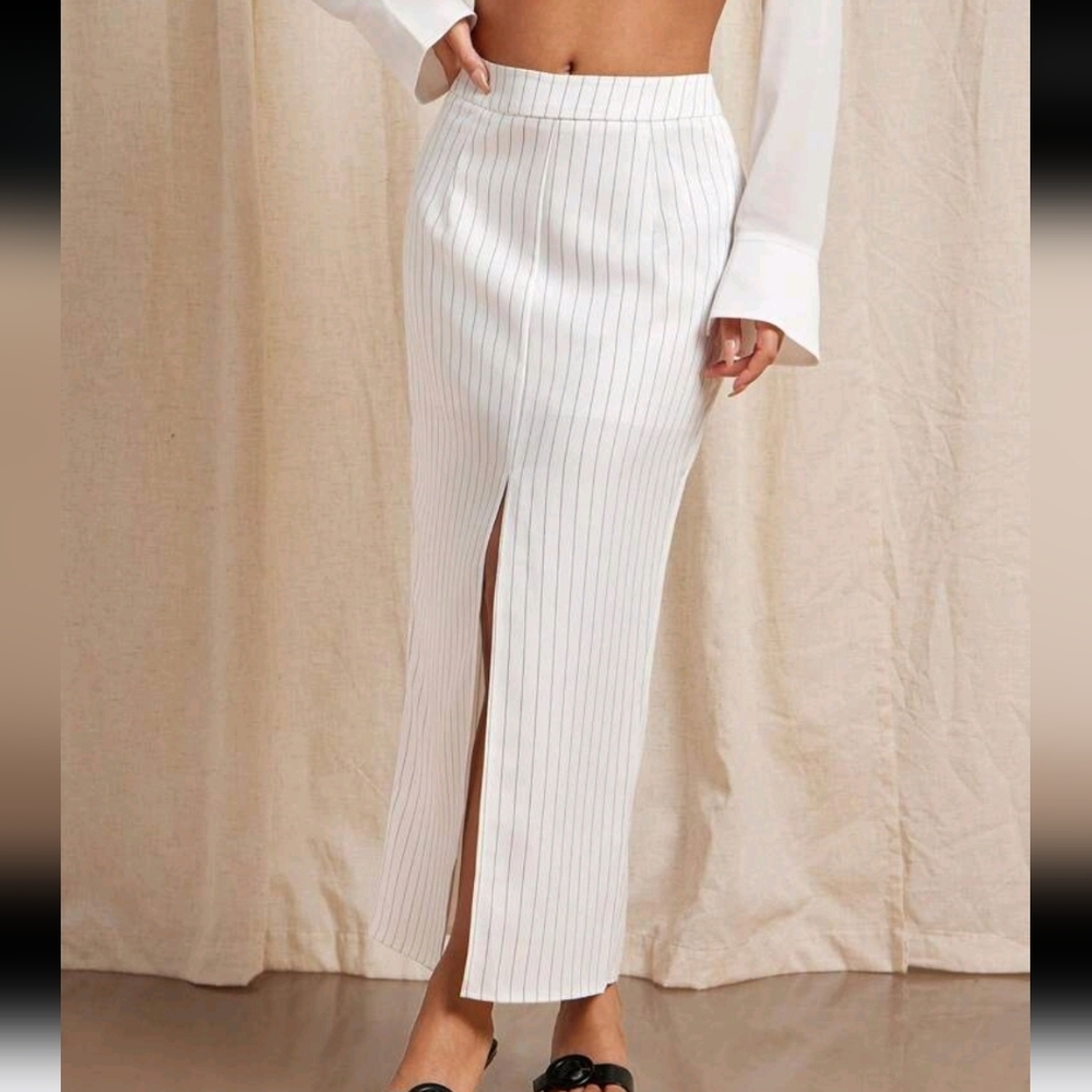 Pinstripe Front Slit Midi Office Skirt, Business Casual Women, Office Outfits - Picture 4 of 4